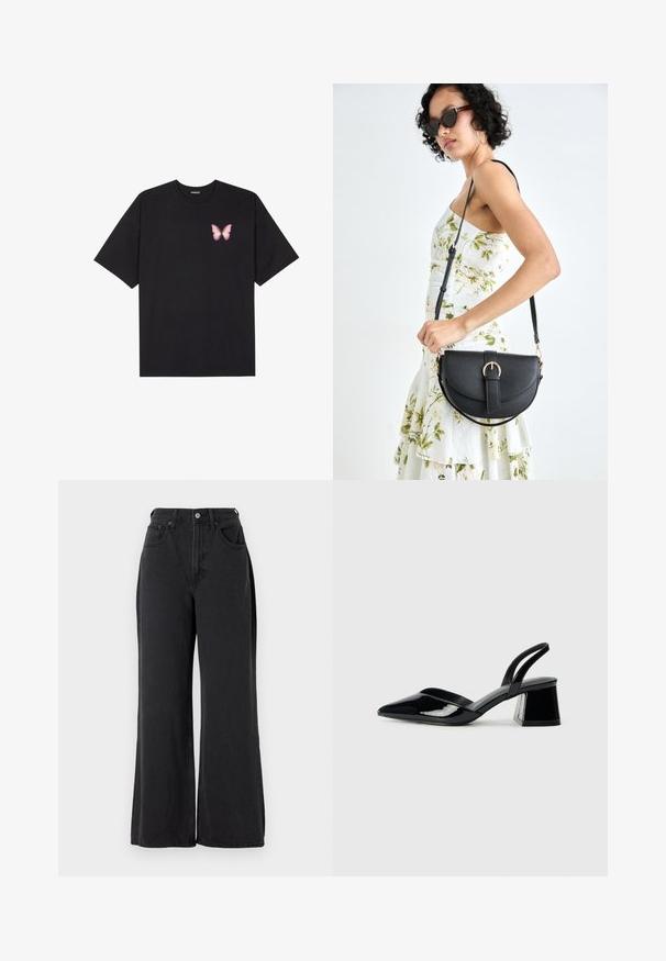 Black cotton t-shirt with short sleeves, featuring a small pink butterfly graphic on the left chest. Crew neck design with a relaxed fit.; Black wide-leg jeans made of denim, featuring a high waist, five-pocket design, and metal button closure, with a slightly textured finish.; Black patent leather slingback heels with a pointed toe and a geometric block heel. Features a sleek, minimal design and smooth texture.; Black leather handbag with a curved shape, detachable strap, and gold hardware. The bag features a flap with a buckle detail.