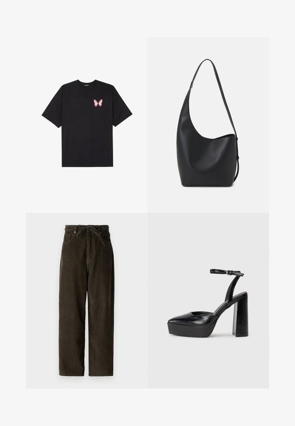 Must muströöpidega must puuvillane T-särk, vasakul rinnal on väike roosa liblikas. Ümar kaelus ja vabalt istuv lõige.; Tumed roheline kordiroo püksid laia säärega, nööriga vöökoht, kahe esipocketiga ja pehme, tekstuurse kangaga.; Mustad platvormi kontsad terava ninaga ja reguleeritava pahkluuraamiga. Valmistatud siledast nahast, funktsioneerib massiivse plokknäheeliga.; Mustast nahast hobo kott, millel on sile tekstuur, kumer kuju ja üks reguleeritav rihm; peal on lai avaus.