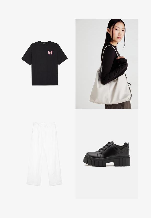 Črna bombažna majica s kratkimi rokavi, ki ima majhen roza metuljček na levi strani prsnega dela. Majica s krožnim ovratnikom in sproščenim krojem.; Beli laneni hlače z ohlapnim krojem, ravnimi nogami, sprednjimi žepi in ravnim pasom. Gladka tekstura po celotni površini.; Črne usnjene platforme z debelim blokastim petam, okroglo konico in klasičnim vezanjem. Imajo gladko teksturo in minimalne podrobnosti.; Bežna torbica iz mehkega materiala, z ohlapno zasnovo, šivi in dvema naramnicama. Primerna za vsakodnevno uporabo.
