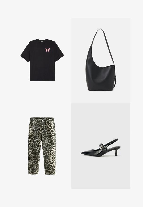 T-shirt nera in cotone con maniche corte, caratterizzata da una piccola grafica di una farfalla rosa sul lato sinistro del petto. Design a girocollo con una vestibilità rilassata.; Jeans in denim con stampa leopardata, a vita alta e gamba dritta, con motivi in beige scuro e chiaro, stile a cinque tasche e accessori in metallo.; Décolleté neri in vernice con punta affilata e tacco a blocco piccolo, dotati di un accentuato con fibbia argentata sulla cinturino.; Borsa hobo nera in pelle con una superficie liscia, forma curvata e una singola tracolla regolabile; presenta un'ampia apertura nella parte superiore.