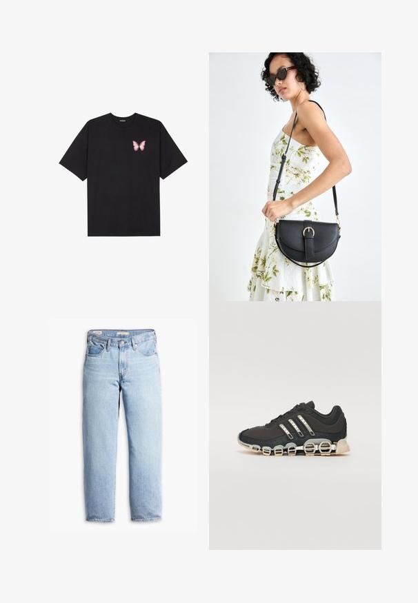 Zwarte katoenen t-shirt met korte mouwen, voorzien van een kleine roze vlinder graphic op de linkerkant van de borst. Crew neck ontwerp met een relaxte fit.; Lichtblauwe high-waisted rechte spijkerbroek met riemlussen, knoop aan de voorkant, ritssluiting en vijf zakken.; Zwarte sportschoen met een gestructureerde bovenkant, drie zilveren strepen en een kenmerkende dempingszool met meerdere geïntegreerde secties.; Zwarte leren handtas met een gebogen vorm, afneembare schouderband en gouden hardware. De tas heeft een klep met een gespsluiting.