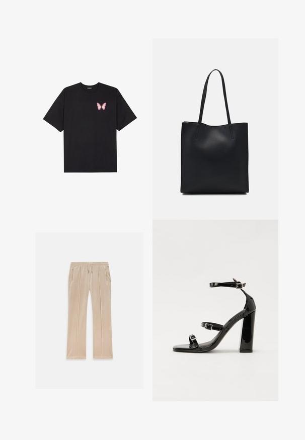 Melna kokvilnas T-krekls ar īsām piedurknēm, kuram priekšā kreisajā pusē ir neliels rozā tauriņa grafiskais attēls. Ar apaļu kaklu un brīvā stila piegriezumu.; Bēša samta sporta bikses ar auklu jostasvietā, divām sānu kabatām un diskrētām sānu šuvēm. Priekšpusē ir izšūts logo.; Melnas lakotas augstpapēžu čības ar kvadrāta purngalu, potīšu siksniņām un sudraba sprādzēm. Aprīkotas ar masīvu bloku papēdi stabilitātei.; Melnas ādas somiņa ar gludu tekstūru, taisnstūra formu un divām garām rokturiem. Nav redzamu aparatūras vai rotājumu.