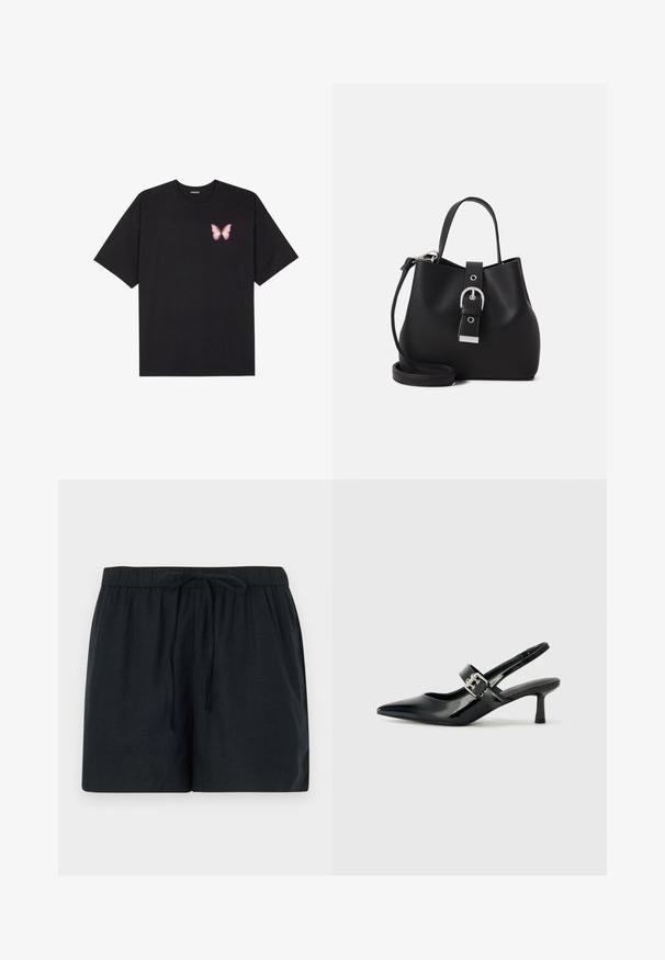 Must muströöpidega must puuvillane T-särk, vasakul rinnal on väike roosa liblikas. Ümar kaelus ja vabalt istuv lõige.; Mustad linased lühikesed püksid, millel on elastne vöökoht ja nöör, pakuvad mugavat istuvust ja sileda tekstuuri.; Mustad patenteeritud nahast sildiga kontsad, millel on terav nina ja väike plokk-konts, mille rihmal on hõbedane pandla aksessuaar.; Must beeblast nöörkott, mis on valmistatud siledast nahast, millel on struktureeritud kuju, lühike sang ja eemaldatav õlarihm. Hõbedane pandlakaunistus.