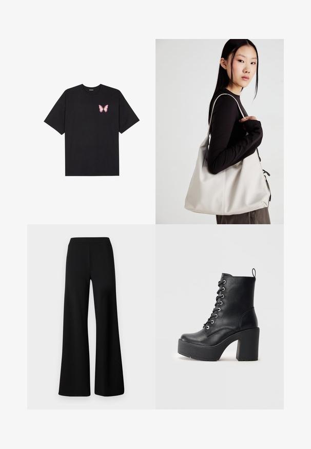 Black cotton t-shirt with short sleeves, featuring a small pink butterfly graphic on the left chest. Crew neck design with a relaxed fit.; Black wide-leg trousers made from soft, stretchy fabric. Features a smooth, elastic waistband and a clean, unembellished design.; Black leather ankle boot with a chunky block heel, lace-up front, and textured surface. Features a tab on the back for easy wear.; Beige handbag made of soft material, featuring a slouchy design, stitched detailing, and two shoulder straps. Suitable for everyday use.