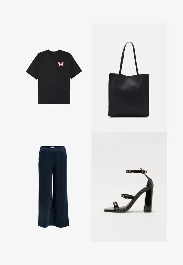 Czarny bawełniany t-shirt z krótkim rękawem, z małym różowym motylkiem na lewej piersi. Klasyczny dekolt z luźnym fasonem.; Granatowe spodnie z szerokimi nogawkami wykonane z teksturowanej tkaniny kordurowej, z elastycznym pasem i kieszeniami po bokach.; Czarne lakierowane sandały na obcasie z kwadratowym noskiem, z paskami wokół kostki i srebrnymi klamrami. Posiadają masywny słupek dla stabilności.; Czarna skórzana torba tote o gładkiej fakturze, prostokątnym kształcie i dwóch długich uchwytach. Brak widocznych elementów metalowych i ozdób.