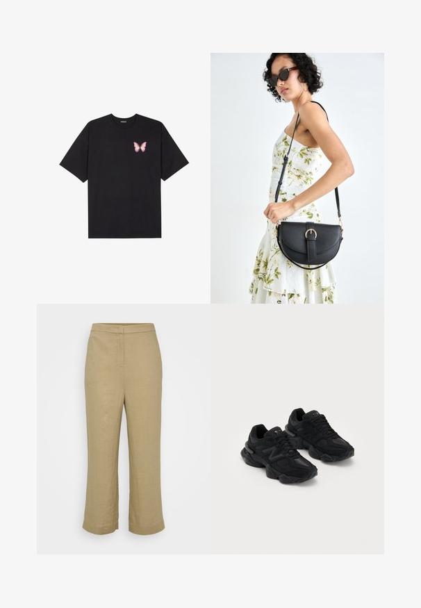 Must muströöpidega must puuvillane T-särk, vasakul rinnal on väike roosa liblikas. Ümar kaelus ja vabalt istuv lõige.; Beezid linane püksid sirge lõikega, keskmise kõrgusega vöökoht, diskreetsete õmblustega ja laiad lühendatud sääred. Sile tekstuur, nähtavaid mustreid pole.; Mustad mustrehilised jalatsid mustas värvitoonis, millel on tekstuuriga pealmine pind, esikohal asuva silmapaistva "N" logo, pehmendustega tald ja voolav, modernne siluett.; Mustmust mustraha kõverate joontega, eemaldatava rihmaga ja kuldsete detailidega. Kotil on klapp, millel on pandladetail.