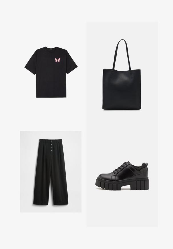 T-shirt en coton noir à manches courtes, avec un petit graphique de papillon rose sur la poitrine gauche. Modèle à col rond avec une coupe décontractée.; Pantalons noirs à jambes larges en tissu texturé. Présente une taille haute, une fermeture à cinq boutons à l'avant et des plis marqués pour plus de détail.; Chaussures à plateforme en cuir noir avec un talon bloc épais, bout rond et un design traditionnel à lacets. Elles présentent une texture lisse et un détail minimal.; Sac fourre-tout en cuir noir avec une texture lisse, de forme rectangulaire et deux longues poignées. Pas de matériel ou d'ornementations visibles.
