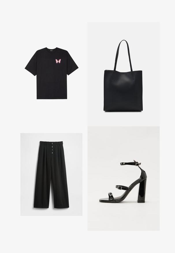 Črna bombažna majica s kratkimi rokavi, ki ima majhen roza metuljček na levi strani prsnega dela. Majica s krožnim ovratnikom in sproščenim krojem.; Široke črne hlače iz teksturirane tkanine. Imajo visok pas, sprednje zapiranje na pet gumbov in pregibne plošče za dodatne detajle.; Črne lakirane sandale s peto, kvadratnim prstom, trakovi okrog gležnja in srebrnimi zaponkami. Opremljene so s stabilno Debelo peto.; Črna usnjena torba s svilnato teksturo, pravokotne oblike in dvema dolgima ročajema. Brez vidnih metalnih delov ali okrasnih elementov.