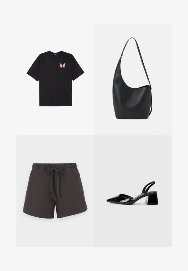 Black cotton t-shirt with short sleeves, featuring a small pink butterfly graphic on the left chest. Crew neck design with a relaxed fit.; Dark gray cotton shorts with an elastic waistband, adjustable drawstring, and a loose fit. Smooth texture with no visible patterns or embellishments.; Black patent leather slingback heels with a pointed toe and a geometric block heel. Features a sleek, minimal design and smooth texture.; Black leather hobo bag with a smooth texture, curved shape, and single adjustable strap; features a wide opening at the top.