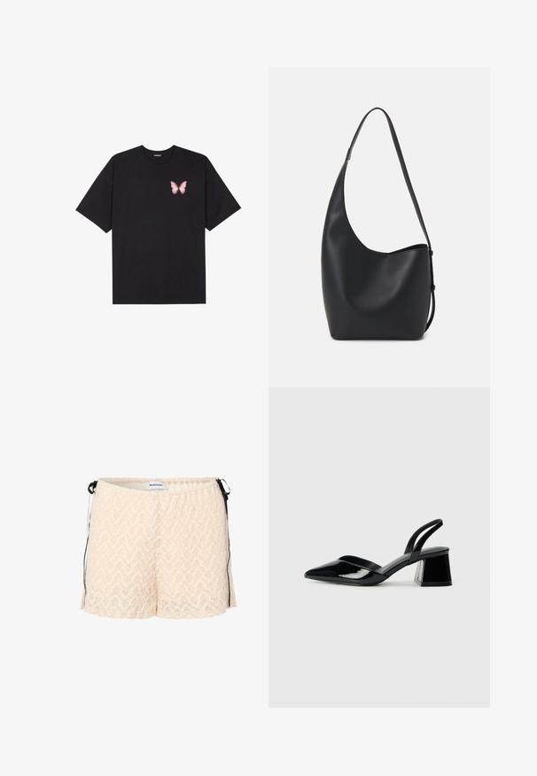 Schwarzes Baumwoll-T-Shirt mit kurzen Ärmeln, das ein kleines pinkes Schmetterlingsmotiv auf der linken Brust zeigt. Crewneck-Design mit einem entspannten Schnitt.; Pfirsichfarbene Spitze-Shorts mit elastischem Bund, seitlichen Bändern und einem Zickzackmuster. Weiche Textur und lockere Passform für Komfort.; Schwarze Lackleder-Slingback-High Heels mit spitzem Schuh und einem geometrischen Blockabsatz. Verfügt über ein schlankes, minimalistisches Design und eine glatte Textur.; Schwarze Leder-Hobo-Tasche mit einer glatten Textur, geschwungener Form und einem einzelnen verstellbaren Tragegurt; verfügt über eine weite Öffnung am oberen Ende.
