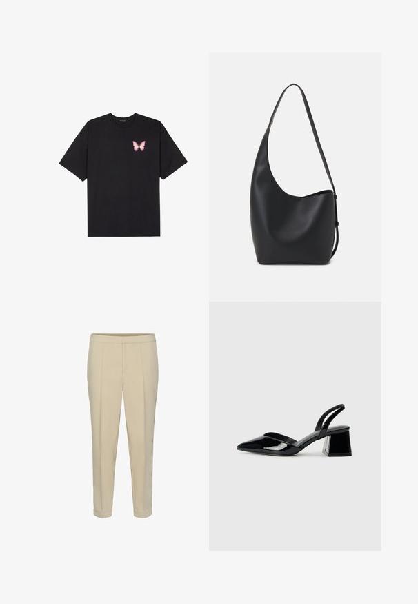 Black cotton t-shirt with short sleeves, featuring a small pink butterfly graphic on the left chest. Crew neck design with a relaxed fit.; Beige tailored trousers with a straight leg, front pleats, and a cuffed hem. Smooth texture and no visible hardware or patterns.; Black patent leather slingback heels with a pointed toe and a geometric block heel. Features a sleek, minimal design and smooth texture.; Black leather hobo bag with a smooth texture, curved shape, and single adjustable strap; features a wide opening at the top.