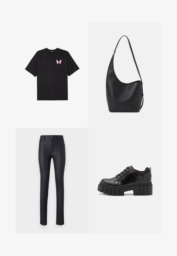 Črna bombažna majica s kratkimi rokavi, ki ima majhen roza metuljček na levi strani prsnega dela. Majica s krožnim ovratnikom in sproščenim krojem.; Črne skinny hlače iz umetnega usnja z dvema sprednjima žepoma, dvojnim gumbom in zadrgama na gležnjih za prilagodljivo prileganje. Gladka tekstura po vsej površini.; Črne usnjene platforme z debelim blokastim petam, okroglo konico in klasičnim vezanjem. Imajo gladko teksturo in minimalne podrobnosti.; Črna usnjena hobo torba z gladko teksturo, ukrivljeno obliko in eno nastavljivo naramnico; ima širok odprtina na vrhu.