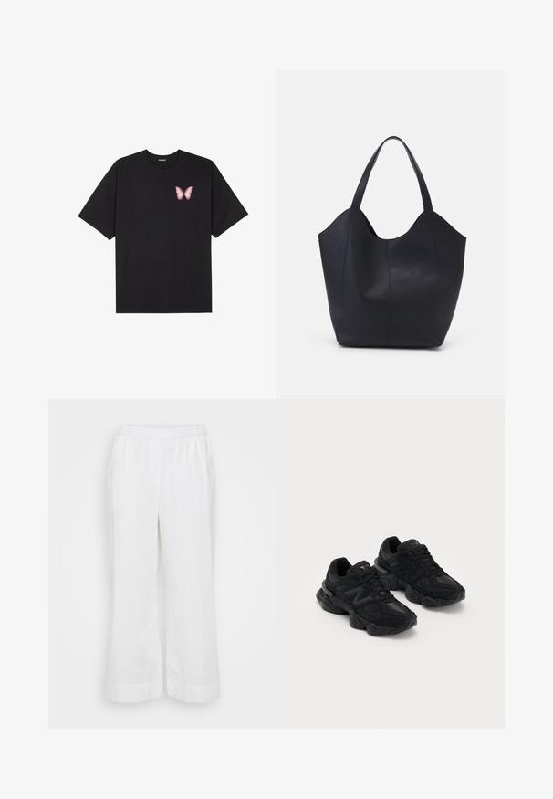 Tricou negru din bumbac cu mâneci scurte, având pe partea stângă a pieptului un mic grafic cu un fluture roz. Design cu guler rotund și croială lejeră.; Pantaloni albi, cu croi larg, realizați dintr-un material ușor. Au o talie elastică și buzunare laterale, cu o textură netedă, mată.; Pantofi sport negri cu un upper texturat, având un logo "N" proeminent, talpă cu amortizare și un siluetă modernă și elegantă.; Geantă de umăr neagră, realizată din piele netedă, cu un design minimalist, având un vârf deschis curbat și două mânere pentru umăr.