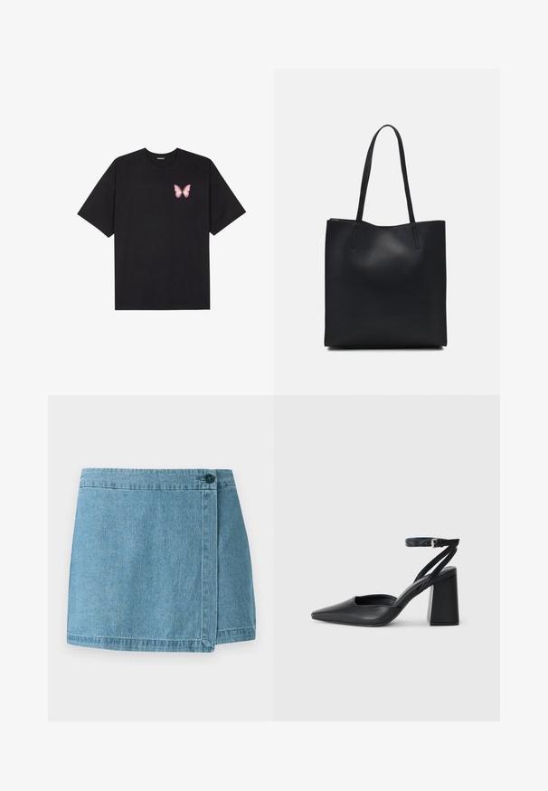 T-shirt de algodão preto com mangas curtas, apresentando um pequeno gráfico de borboleta rosa no lado esquerdo do peito. Design de gola redonda com um corte solto.; Saia de ganga em azul claro, com um design de envolvimento, fecho com um único botão e bainha costurada. Textura suave sem padrões.; Sandal com biqueira afilada em couro preto, com cinta no tornozelo e salto grosso. Textura lisa, design elegante e estética minimalista.; Bolsa tote preta em couro com textura lisa, forma retangular e duas alças longas. Sem hardware ou enfeites visíveis.