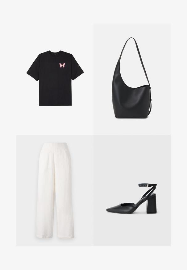 Black cotton t-shirt with short sleeves, featuring a small pink butterfly graphic on the left chest. Crew neck design with a relaxed fit.; White wide-leg pants with a textured, crinkled fabric. Features an elasticized waistband and side pockets for convenience.; Black leather pointy-toe pump with an ankle strap and a chunky heel. Flat texture, sleek design, and minimalistic aesthetics.; Black leather hobo bag with a smooth texture, curved shape, and single adjustable strap; features a wide opening at the top.
