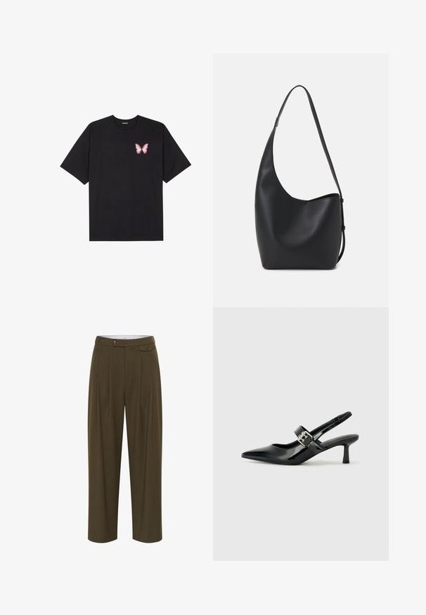 Juodas medvilnės marškinėliai trumpomis rankovėmis, su maža rožine drugelio grafika kairėje krūtinės pusėje. Apvalus kaklo iškirpimas, laisvas kirpimas.; Žaliosios alyvuogės spalvos, aukšto liemens kelnės su raukšlėmis, tiesaus kirpimo, dviem priekinėm kišenėm ir mygtukais užsegimui.; Juodai lakuoti slingback aukštakulniai su smailiu kojų pirštu ir mažais blokiniais kulniukais, su sidabro sagtimi ant dirželio.; Juodas odinis hobo maišas su lygiu paviršiumi, kreipta forma ir viena reguliuojama rankena; turi platų atidarymą viršuje.