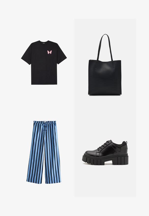Čierne bavlnené tričko s krátkymi rukávmi, s malým ružovým motýlikom na ľavej hrudi. Design s okrúhlym výstrihom a uvoľneným strihom.; Pásikavé, široké nohavice v svetlomodrej a námornej farbe, s elastickým pásom, mäkkou tkaninou a voľným strihom pre pohodlie.; Čierne kožené platformy s masívnym blokovým podpätkom, okrúhlou špičkou a tradičným šnurovaním. Má hladký povrch a minimálne detaily.; Čierna kožená taška na rameno s hladkým povrchom, obdĺžnikovým tvarom a dvoma dlhými uchami. Bez viditeľného kovania alebo ozdôb.