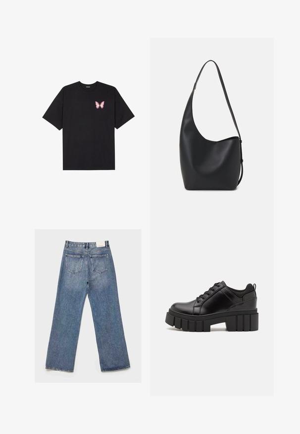 Črna bombažna majica s kratkimi rokavi, ki ima majhen roza metuljček na levi strani prsnega dela. Majica s krožnim ovratnikom in sproščenim krojem.; Svijetloplave traperice širokog kroja. Dve zadnje džepove, izblijeđenu teksturu i oznaku na pojasu pozadi.; Črne usnjene platforme z debelim blokastim petam, okroglo konico in klasičnim vezanjem. Imajo gladko teksturo in minimalne podrobnosti.; Črna usnjena hobo torba z gladko teksturo, ukrivljeno obliko in eno nastavljivo naramnico; ima širok odprtina na vrhu.