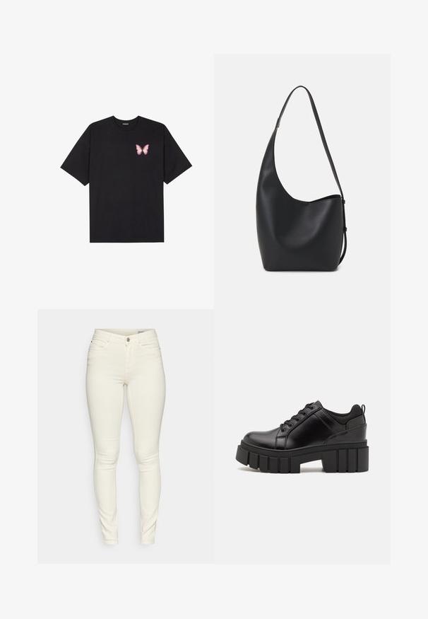 Black cotton t-shirt with short sleeves, featuring a small pink butterfly graphic on the left chest. Crew neck design with a relaxed fit.; Skinny jeans in cream color, made of cotton blend fabric, featuring five pockets, a zip fly, and subtle stitching details.; Black leather platform shoes with a chunky block heel, round toe, and traditional lace-up design. Features smooth texture and minimal detailing.; Black leather hobo bag with a smooth texture, curved shape, and single adjustable strap; features a wide opening at the top.