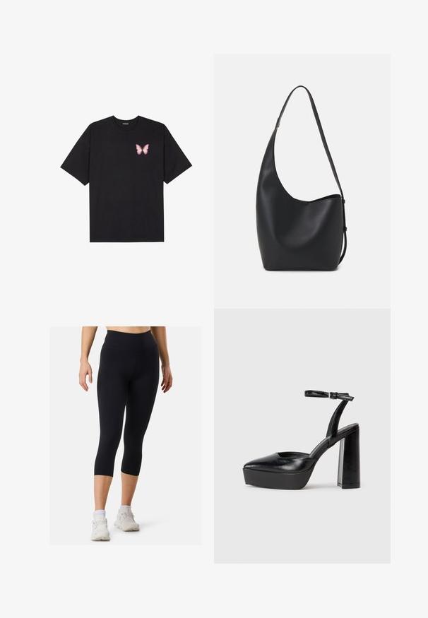 Svart bomullströja med korta ärmar, med en liten rosa fjärilsgrafik på vänster bröst. Rundad halsdesign med en avslappnad passform.; Svarta atletiska leggings med hög midja och kort längd, tillverkade av mjukt material, kombinerade med vita sneakers och strumpor i ankellängd.; Svarta plattformsskor med spetsig tå och justerbart vristband. Tillverkade av mjukt läder, med en kraftig blockklack.; Svart läder hobo-väska med en slät textur, kurvig form och en justerbar axelrem; har en bred öppning upptill.