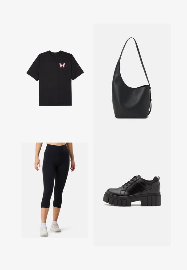 Zwarte katoenen t-shirt met korte mouwen, voorzien van een kleine roze vlinder graphic op de linkerkant van de borst. Crew neck ontwerp met een relaxte fit.; Zwarte sportleggingen met een hoge taille en een cropped lengte, gemaakt van soepel materiaal, gecombineerd met witte sneakers en kousen tot de enkel.; Zwarte leren platform schoenen met een stevige blokhak, ronde neus en een traditionele vetersluiting. Kenmerkt zich door een gladde textuur en minimale details.; Zwarte leren hobo tas met een gladde textuur, kromme vorm en een enkele verstelbare schouderband; heeft een brede opening aan de bovenkant.