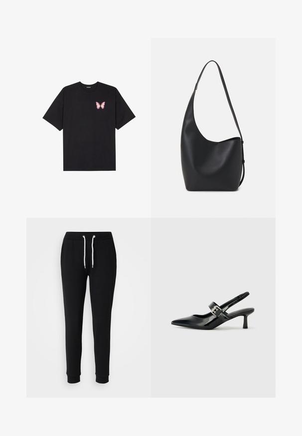 Sort bomulds T-shirt med korte ærmer, prydet med en lille pink sommerfugl grafik på venstre bryst. Rund hals design med en afslappet pasform.; Sorte sweatpants med snor i taljen, hvide snor detaljer, tapered ben og ribbede manchetter. Fremstillet af blødt, komfortabelt stof.; Sorte laker slingback hæle med spids tå og en lille blokhæl, med en sølvspændeaccent på remmen.; Sort læder hobo taske med en glat overflade, buet form og en enkelt justerbar rem; har en bred åbning øverst.