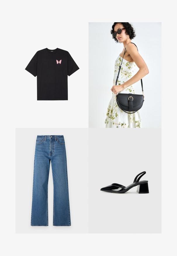 Tricou negru din bumbac cu mâneci scurte, având pe partea stângă a pieptului un mic grafic cu un fluture roz. Design cu guler rotund și croială lejeră.; Jeans din denim albastru cu picioare largi și talie înaltă, având închidere cu buton, design cu cinci buzunare și detalii evidente de cusătură.; Pantofi cu toc slingback din piele lacuită neagră, cu vârf ascuțit și toc geometric. Prezintă un design elegant, minimalist și o textură netedă.; Geantă din piele neagră, cu o formă curbată, curea detașabilă și accesorii aurii. Geanta are un capac cu un detaliu tip cataramă.