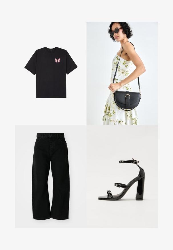 Svart bomulls T-skjorte med korte ermer, med en liten rosa sommerfugl grafikk på venstre bryst. Crew-neck design med en avslappet passform.; Svart brede jeans laget av denim med høy midje. Har fem lommer og knappelukking foran. Glatt tekstur og rene linjer.; Svarte høyhælte sandaler i lakk med to spennestraps, firkantet tå og en tykk blokkhæl, med en glatt, blank tekstur.; Svart lærveske med en buet form, avtagbar stropp og gullbeslag. Vesken har et klaff med spenne-detall.