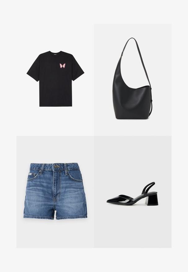 Juodas medvilnės marškinėliai trumpomis rankovėmis, su maža rožine drugelio grafika kairėje krūtinės pusėje. Apvalus kaklo iškirpimas, laisvas kirpimas.; Vidutinio mėlynumo džinsiniai šortai su penkių kišenių dizainu, dirželio kilpos ir suplėšytos apdailos. Standartinė mygtuko ir užtrauktuko uždarymo sistema.; Juodos lakuotos odinės šlepetės su smailiu pirštu ir geometriniu bloko kulnu. Turi elegantišką, minimalistinį dizainą ir lygų paviršių.; Juodas odinis hobo maišas su lygiu paviršiumi, kreipta forma ir viena reguliuojama rankena; turi platų atidarymą viršuje.