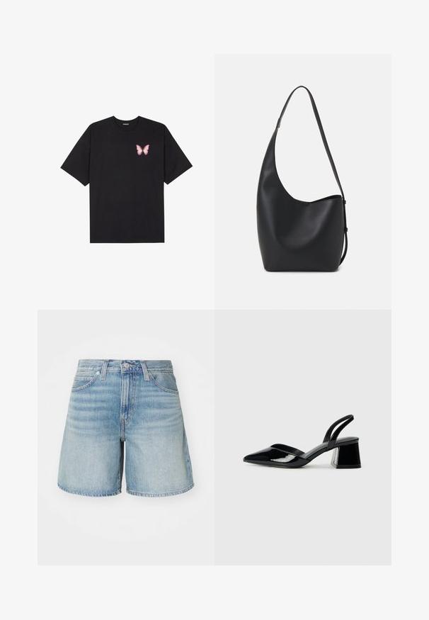 Melna kokvilnas T-krekls ar īsām piedurknēm, kuram priekšā kreisajā pusē ir neliels rozā tauriņa grafiskais attēls. Ar apaļu kaklu un brīvā stila piegriezumu.; Gai zili džinsu šorti ar taisnu griezumu, piecām kabatām, jostu cilpām un nedaudz izsistām malām. Klasiska džinsu tekstūra un apdare.; Melna lakota āda ar atvērto papēdi, ar smailu purngalu un ģeometrisku blokpapēdi. Iezīmējas elegants, minimāls dizains un gluda tekstūra.; Melnas ādas hobo soma ar gludu tekstūru, izliekta forma un vienu regulējamu jostu; augšā ir plaša atvere.