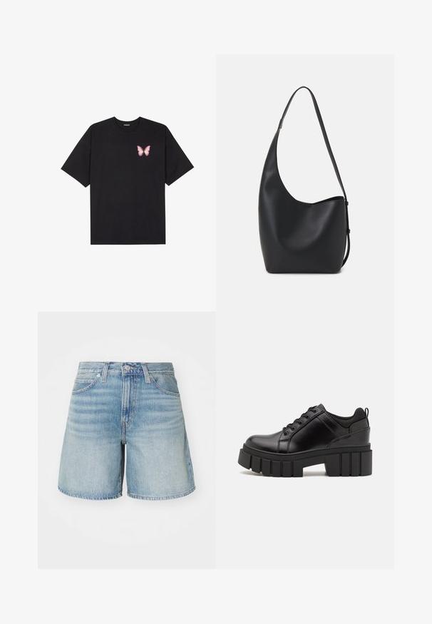 Must muströöpidega must puuvillane T-särk, vasakul rinnal on väike roosa liblikas. Ümar kaelus ja vabalt istuv lõige.; Heled sinine teksashorts, otsekohased, viis taskut, vöötugevused ja kergelt kulunud äär. Klassikaline teksakanga tekstuur ja viimistlus.; Must musta platvormsussid paksu plokkninal, ümmarguse varbaga ja traditsioonilise nööridega kinnitamisega. Sussid on sileda tekstuuriga ja minimaalsete detailidega.; Mustast nahast hobo kott, millel on sile tekstuur, kumer kuju ja üks reguleeritav rihm; peal on lai avaus.