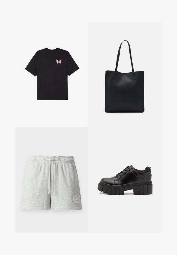 Svart bomullströja med korta ärmar, med en liten rosa fjärilsgrafik på vänster bröst. Rundad halsdesign med en avslappnad passform.; Grå bomullsshorts med elastisk midja, justerbar dragsko och broderad "GAP"-logotyp i vitt på vänster ben.; Svarta läderplattformsskor med en kraftig blockklack, rund tå och traditionell snörningsdesign. Har en slät textur och minimal detaljering.; Svart lädertoffelväska med slät textur, rektangulär form och två långa handtag. Ingen synlig hårdvara eller dekorationer.