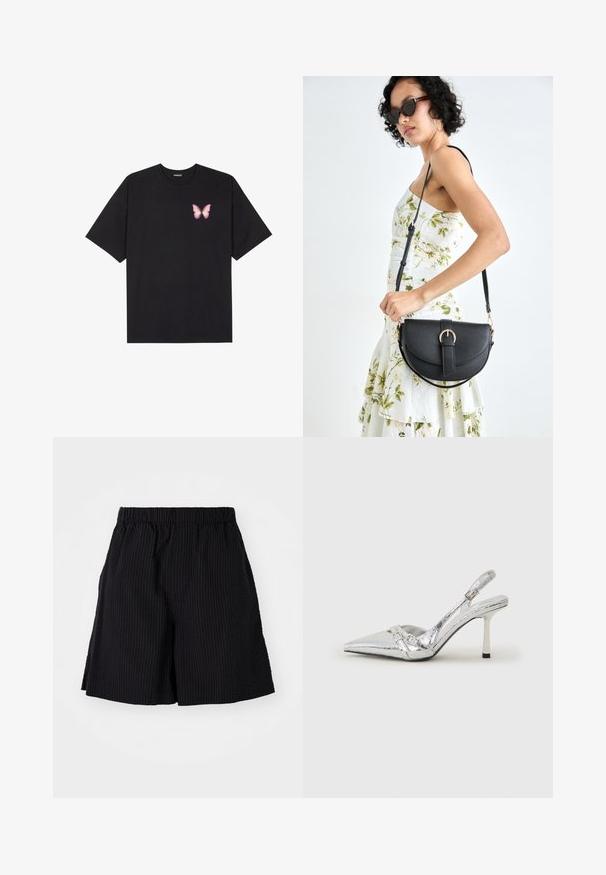 T-shirt de algodão preto com mangas curtas, apresentando um pequeno gráfico de borboleta rosa no lado esquerdo do peito. Design de gola redonda com um corte solto.; Calções pretos feitos de tecido texturizado com um padrão canelado. Apresentam uma cintura elástica e um corte solto. Terminam logo acima do joelho.; Sapato de salto alto slingback prateado com bico fino, acabamento metálico, duas correias decorativas e um salto esbelto com ponta preta.; Bolsa de couro preta com forma curva, alça destacável e detalhes em dourado. A bolsa possui uma aba com detalhe de fivela.