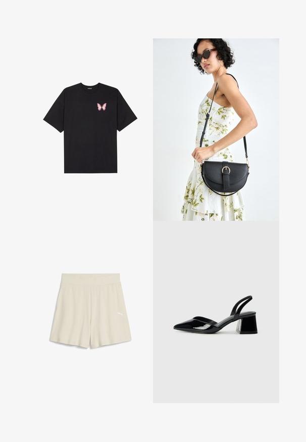 Sort bomulds T-shirt med korte ærmer, prydet med en lille pink sommerfugl grafik på venstre bryst. Rund hals design med en afslappet pasform.; Beige ribbede atletiske shorts med en bred talje og et lille hvidt logo på den venstre frontside, der har en løs pasform.; Sorte patentlæder slingback hæle med spids tå og en geometrisk blok hæl. Har et elegant, minimalistisk design og en glat tekstur.; Sort læderhåndtaske med en buet form, aftagelig rem og guldfinish. Tasken har en klap med en spænde detalje.