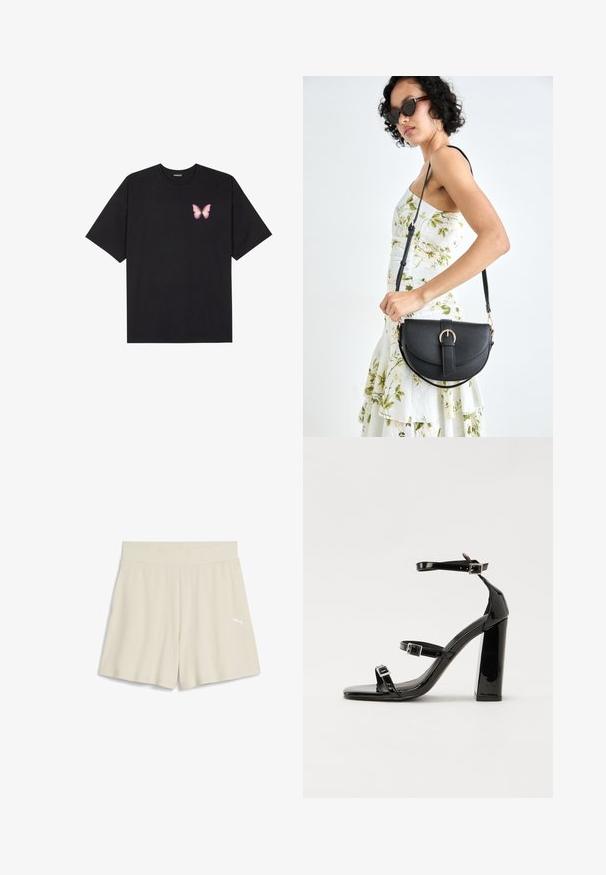 Tricou negru din bumbac cu mâneci scurte, având pe partea stângă a pieptului un mic grafic cu un fluture roz. Design cu guler rotund și croială lejeră.; Şorturi atletice bej cu pliuri, cu un brâu lat și un mic logo alb pe partea stângă anterioară, având un design lejer.; Sandale negre din piele lacuită, cu toc înalt, două curele cu catarame, vârf pătrat și toc gros, având o textură netedă și lucioasă.; Geantă din piele neagră, cu o formă curbată, curea detașabilă și accesorii aurii. Geanta are un capac cu un detaliu tip cataramă.