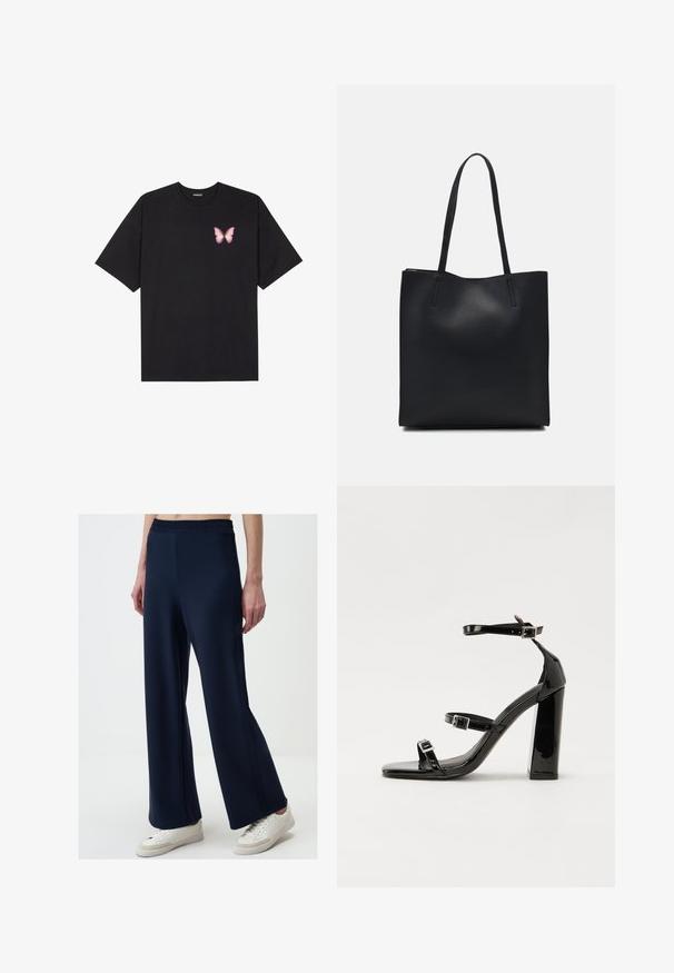 Czarny bawełniany t-shirt z krótkim rękawem, z małym różowym motylkiem na lewej piersi. Klasyczny dekolt z luźnym fasonem.; Granatowe spodnie o szerokich nogawkach, wykonane z miękkiej tkaniny, z elastycznym paskiem w talii i bocznymi szwami dla dodatkowego efektu. W zestawieniu z białymi sneakersami.; Czarne lakierowane sandały na wysokim obcasie, z dwoma paskami zapinanymi na klamry, kwadratowy nosek i masywny obcas typu słupek, o gładkiej, błyszczącej fakturze.; Czarna skórzana torba tote o gładkiej fakturze, prostokątnym kształcie i dwóch długich uchwytach. Brak widocznych elementów metalowych i ozdób.