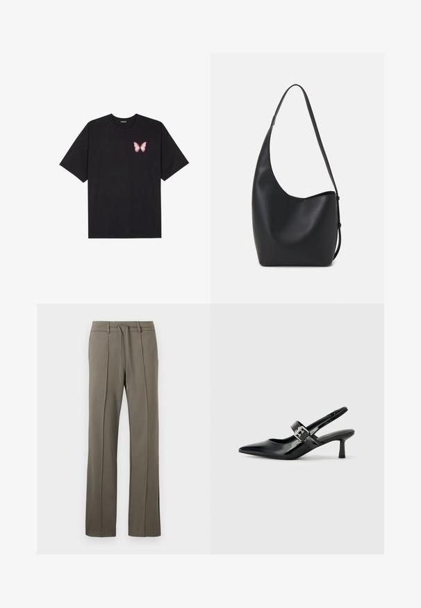 Black cotton t-shirt with short sleeves, featuring a small pink butterfly graphic on the left chest. Crew neck design with a relaxed fit.; Khaki trousers with a straight-leg design, drawstring waist, and two front pleats. Made from a soft, textured fabric.; Black patent leather slingback heels with a pointed toe and a small block heel, featuring a silver buckle accent on the strap.; Black leather hobo bag with a smooth texture, curved shape, and single adjustable strap; features a wide opening at the top.