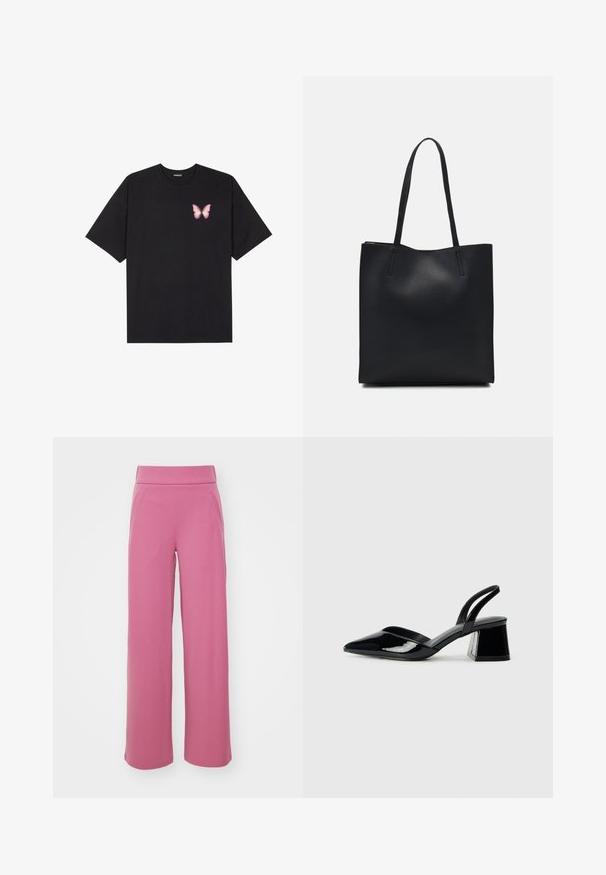Μαύρο βαμβακερό μπλουζάκι με κοντά μανίκια, διαθέτοντας ένα μικρό ροζ γραφικό πεταλούδας στο αριστερό στήθος. Σχέδιο με στρογγυλή λαιμόκοψη και άνετη εφαρμογή.; Παντελόνια σε φαρδιά γραμμή σε απλή ροζ απόχρωση. Κατασκευασμένα από ομαλό ύφασμα με ελαστική μέση και πλαινές τσέπες. Χωρίς ορατά σχέδια ή μεταλλικά στοιχεία.; Μαύρα πατεντέ δερμάτινα γοβάκια slingback με μυτερή μύτη και γεωμετρικό τακούνι. Έχουν κομψό, μινιμαλιστικό σχέδιο και λεία υφή.; Μαύρη δερμάτινη τσάντα tote με λείο υφή, ορθογώνιο σχήμα και δύο μακριές λαβές. Χωρίς ορατό υλικό ή διακοσμητικά στοιχεία.