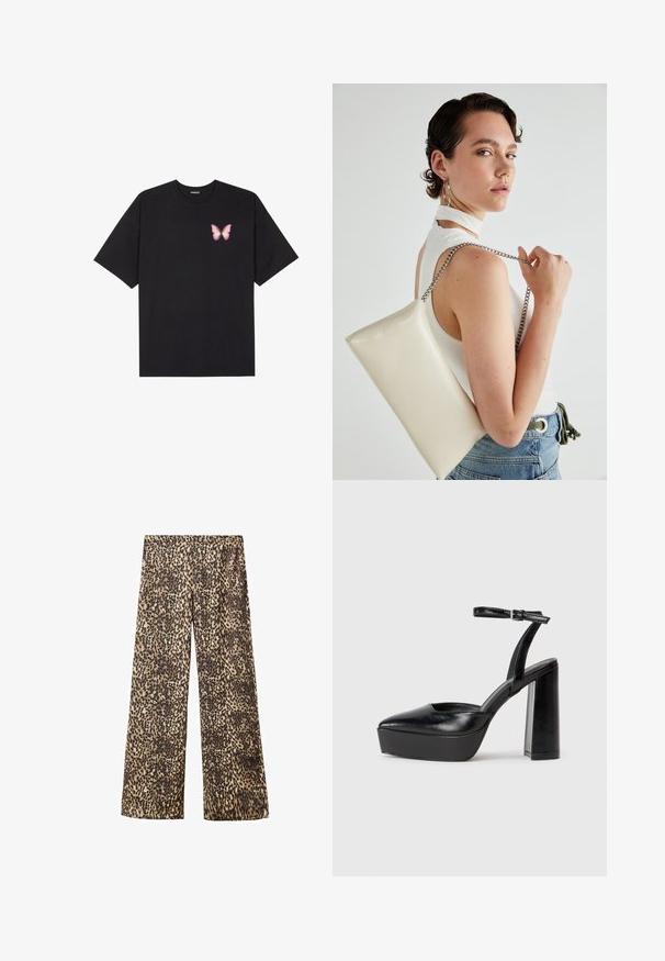 Camiseta de algodón negra de manga corta, con un pequeño gráfico de mariposa rosa en el lado izquierdo del pecho. Diseño de cuello redondo con un corte relajado.; Pantalones de pierna ancha con estampado de leopardo en una tela ligera. Presenta una paleta neutra de beige y marrón con manchas negras y un ajuste relajado.; Zapatos de tacón negro con punta afilada y correa ajustable en el tobillo. Confeccionados en cuero suave, presentan un tacón grueso.; Bolso de mano rectangular blanco, hecho de un material brillante, con una cadena plateada. La modelo posa, mostrando el bolso frente a un fondo liso.
