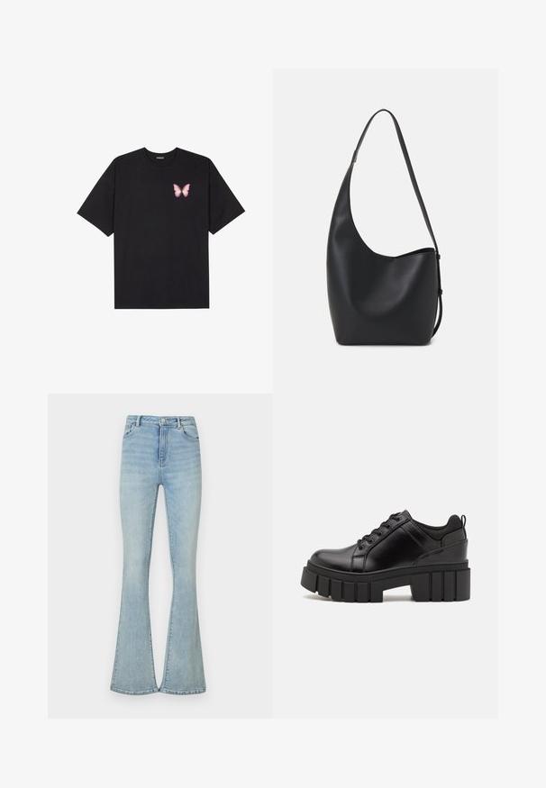Tricou negru din bumbac cu mâneci scurte, având pe partea stângă a pieptului un mic grafic cu un fluture roz. Design cu guler rotund și croială lejeră.; Jeans evazati de culoare albastră deschisă, fabricate din denim, cu talie înaltă, design standard cu cinci buzunare și tivuri curate. Textură netedă, detalii minime.; Pantofi cu talpă plată din piele neagră, cu toc gros, vârf rotund și design tradițional cu șireturi. Prezintă o textură netedă și detalii minime.; Geantă hobo din piele neagră, cu o textură netedă, formă curbată și un singur bretele ajustabil; are o deschidere largă în partea de sus.