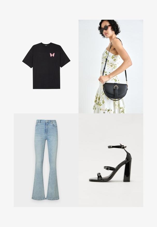 Schwarzes Baumwoll-T-Shirt mit kurzen Ärmeln, das ein kleines pinkes Schmetterlingsmotiv auf der linken Brust zeigt. Crewneck-Design mit einem entspannten Schnitt.; Helle blaue Schlagjeans aus Denim, mit hoher Taille, klassischem Fünf-Taschen-Design und sauberen Säumen. Glatte Textur, minimale Detailgestaltung.; Schwarze Lackleder-Sandalen mit hohen Absätzen, zwei Riemen mit Schnallen, quadratischer Zehenpartie und klobigem Blockabsatz, mit einer glatten, glänzenden Textur.; Schwarze Lederhandtasche mit geschwungener Form, abnehmbarem Tragegurt und goldenen Beschlägen. Die Tasche verfügt über einen Deckel mit einer Schnallen-Details.