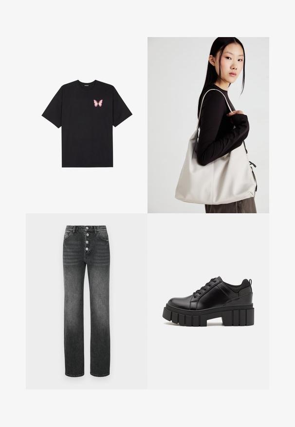 Musta puuvillapaita lyhyillä hihoilla, jossa on pieni vaaleanpunainen perhosgrafiikka vasemmassa rinnassa. Pyöreä kaula-aukko ja rento istuvuus.; Mustat korkeevyötäröiset farkut suoran lahjen muotoilulla, viiden taskun design, ja viisi metallipainiketta vetoketjussa. Hieman haalistunut denimi-tekstuuri.; Mustat nahkakengät, joissa on lättihenkinen korko, pyöreä kärki ja perinteinen nauhakiinnitys. Ominaisuuksiin kuuluu sileä pintakuvio ja minimaalinen yksityiskohtaisuus.; Beige laukku, joka on valmistettu pehmeästä materiaalista, ja siinä on rento muotoilu, ommeltu yksityiskohtia ja kaksi olkahihnaa. Sopii päivittäiseen käyttöön.