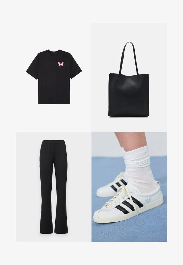Čierne bavlnené tričko s krátkymi rukávmi, s malým ružovým motýlikom na ľavej hrudi. Design s okrúhlym výstrihom a uvoľneným strihom.; Čierne rozšírené nohavice s elastickým pásom, s hladkou textúrou a bez viditeľných vzorov alebo kovových detailov.; Biele kožené tenisky s čiernymi pruhmi, krémovou podrážkou a svetlými šnúrkami. Nosené s bielymi rebrovanými ponožkami, umiestnené na modrom pozadí.; Čierna kožená taška na rameno s hladkým povrchom, obdĺžnikovým tvarom a dvoma dlhými uchami. Bez viditeľného kovania alebo ozdôb.