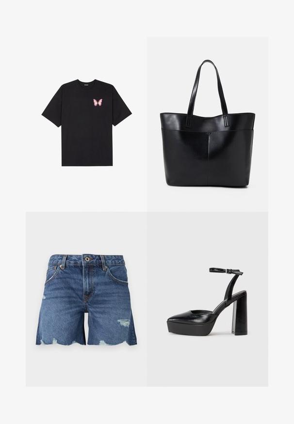 Juodas medvilnės marškinėliai trumpomis rankovėmis, su maža rožine drugelio grafika kairėje krūtinės pusėje. Apvalus kaklo iškirpimas, laisvas kirpimas.; Mėlynai džinsiniai šortai su skeltu apvadu, nusidėvėjimo detalėmis, penkiais kišenėmis ir diržo kilpomis; priekinis uždarymas su metaliniu mygtuku.; Juodi platforminiai aukšti kulniukai su smailiu kojų pirštu ir reguliuojamu kulkšnies dirželiu. Pagaminti iš lygaus odos, turi masyvų blokinį kulną.; Juoda odinė rankinė su dviem ilgais diržais, lygiu paviršiumi ir struktūrizuota forma. Yra priekinė kišenė papildomam saugojimui.