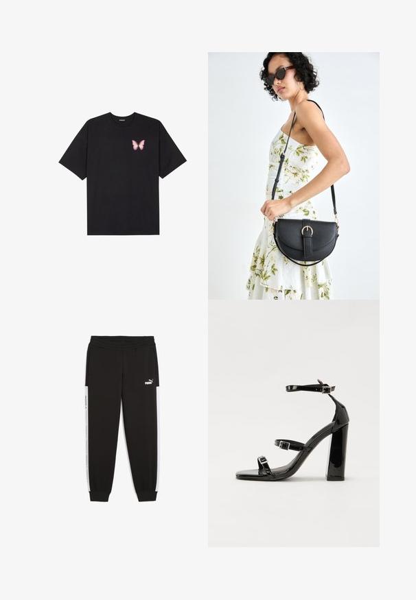 Must muströöpidega must puuvillane T-särk, vasakul rinnal on väike roosa liblikas. Ümar kaelus ja vabalt istuv lõige.; Mustad mustad püksid elastse vöökoha, küljetaskute ja valgete külge triipudega, millel on logodetailid. Valmistatud pehmest ja venivast kangast.; Mustad läikiva lakknahaga kõrge kontsaga sandaalid kahe pandlaga, kandilised varbad ja jäme plokk-kontsaosa, millel on sile ja läikiv tekstuur.; Mustmust mustraha kõverate joontega, eemaldatava rihmaga ja kuldsete detailidega. Kotil on klapp, millel on pandladetail.