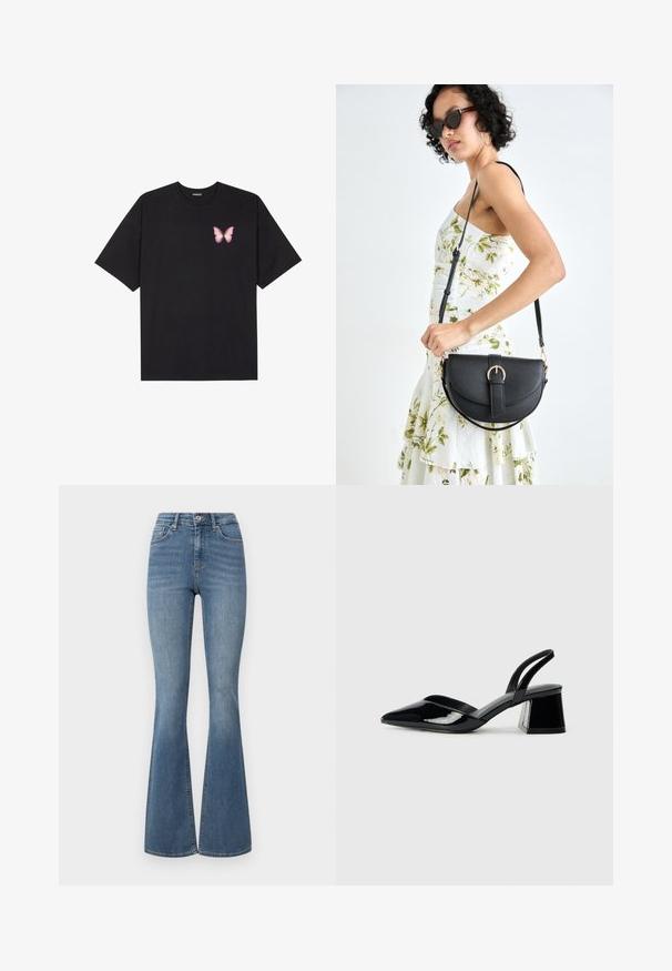 Crna pamučna majica s kratkim rukavima, s malim grafičkim prikazom ružičaste vjetricaste s desne strane na prsima. Dizajn s okruglim izrezom i opuštenim krojem.; Visoke traperice s lepršavim nogavicama u svijetloplavom denimu. Sadrže klasičan dizajn s pet džepova, diskretno šivanje i laganu elastičnost za udobnost.; Crne lakirane kožne sandale s otvorenom petom i špicastim vrhom, s geometrijskom blok petom. Imaju elegantan, minimalistički dizajn i glatku teksturu.; Crna kožna torba s lukovitim oblikom, odvojivim remenom i zlatnim detaljima. Torba ima preklop s kopčom.