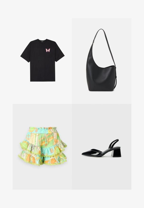 Black cotton t-shirt with short sleeves, featuring a small pink butterfly graphic on the left chest. Crew neck design with a relaxed fit.; Colorful layered shorts with an elastic waistband, featuring patterns in green, orange, and blue, trimmed with scalloped edges.; Black patent leather slingback heels with a pointed toe and a geometric block heel. Features a sleek, minimal design and smooth texture.; Black leather hobo bag with a smooth texture, curved shape, and single adjustable strap; features a wide opening at the top.