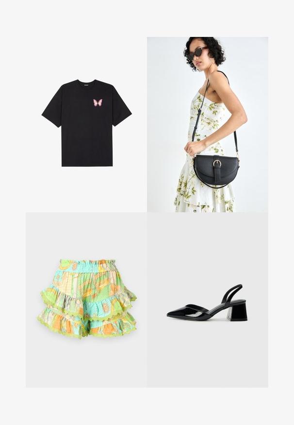 Black cotton t-shirt with short sleeves, featuring a small pink butterfly graphic on the left chest. Crew neck design with a relaxed fit.; Colorful layered shorts with an elastic waistband, featuring patterns in green, orange, and blue, trimmed with scalloped edges.; Black patent leather slingback heels with a pointed toe and a geometric block heel. Features a sleek, minimal design and smooth texture.; Black leather handbag with a curved shape, detachable strap, and gold hardware. The bag features a flap with a buckle detail.