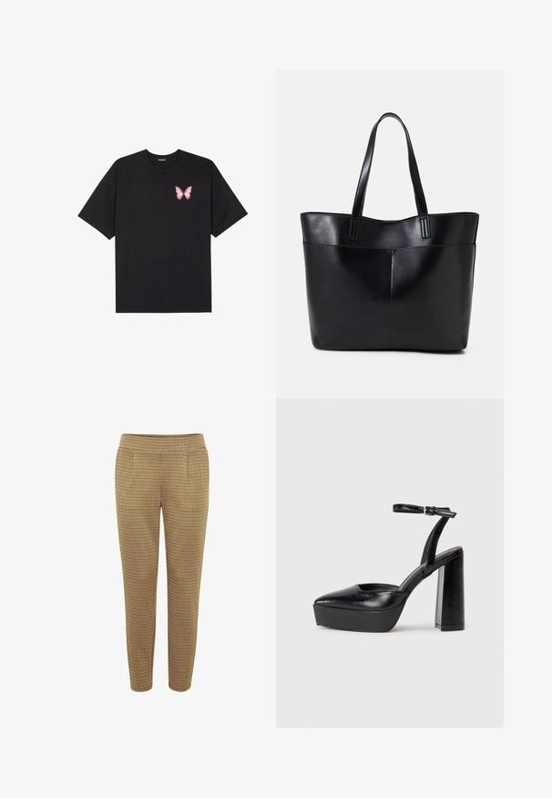 Čierne bavlnené tričko s krátkymi rukávmi, s malým ružovým motýlikom na ľavej hrudi. Design s okrúhlym výstrihom a uvoľneným strihom.; Hnedé kárované nohavice s priliehavým strihom, elastickým pásom a dvoma bočnými vreckami. Tkanina má hladký povrch s kockovaným vzorom.; Čierne platformové podpätky so špicatou špičkou a nastaviteľným členkovým remienkom. Vyrobené z hladkej kože a so robustným blokovým podpätkom.; Čierna kožená tote taška s dvoma dlhými rúčkami, hladkým povrchom a štruktúrovaným tvarom. Obsahuje prednú kapsu pre dodatočné uskladnenie.