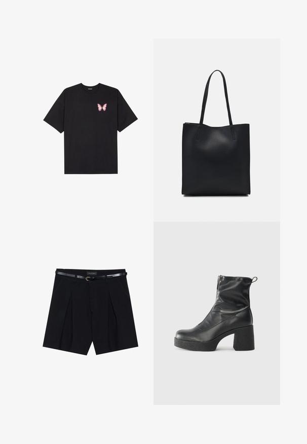 Melna kokvilnas T-krekls ar īsām piedurknēm, kuram priekšā kreisajā pusē ir neliels rozā tauriņa grafiskais attēls. Ar apaļu kaklu un brīvā stila piegriezumu.; Melnas piegrieztas šortas ar krokām, ar šauru melnu jostu ar zeltītu sprādzi. Izgatavotas no gludas auduma, sniedzot izsmalcinātu izskatu.; Melni potītes zābaki, kas izgatavoti no gludas ādas, ar sānu rāvējslēdzēju, masīvu strukturētu papēdi un noapaļotu purngalu.; Melnas ādas somiņa ar gludu tekstūru, taisnstūra formu un divām garām rokturiem. Nav redzamu aparatūras vai rotājumu.